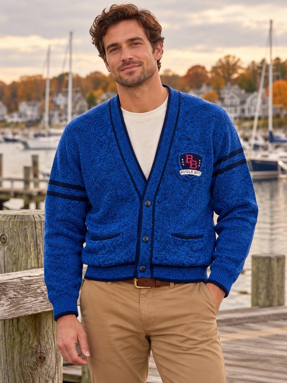 Vintage Bugle Boy Global Challenge Varsity Cardigan Sweater Blue Embroidered Men